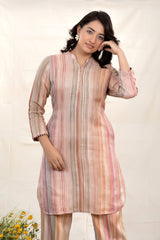 Nude Beige Kantha Embroidered Linen Co-Ord Kurta Set