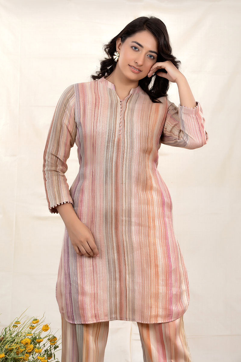 Nude Beige Kantha Embroidered Linen Co-Ord Kurta Set