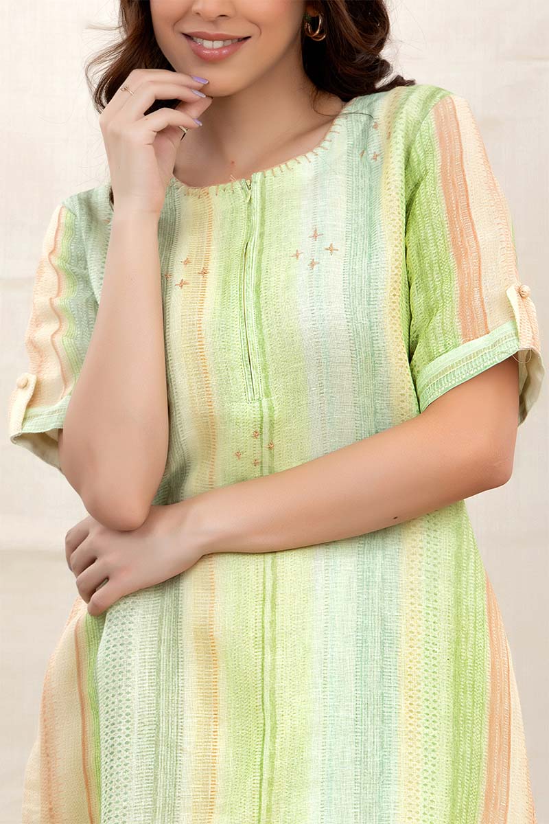 Liril Green Striped Embroidered Linen Co-Ord Kurta Set