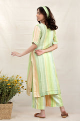 Liril Green Striped Embroidered Linen Co-Ord Kurta Set