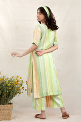 Liril Green Striped Embroidered Linen Co-Ord Kurta Set - Chinaya Banaras