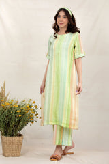 Women In Liril Green Striped Embroidered Linen Kurta Set At Chinaya Banaras 