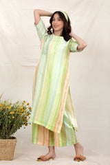 Liril Green Striped Embroidered Linen Co-Ord Kurta Set - Chinaya Banaras