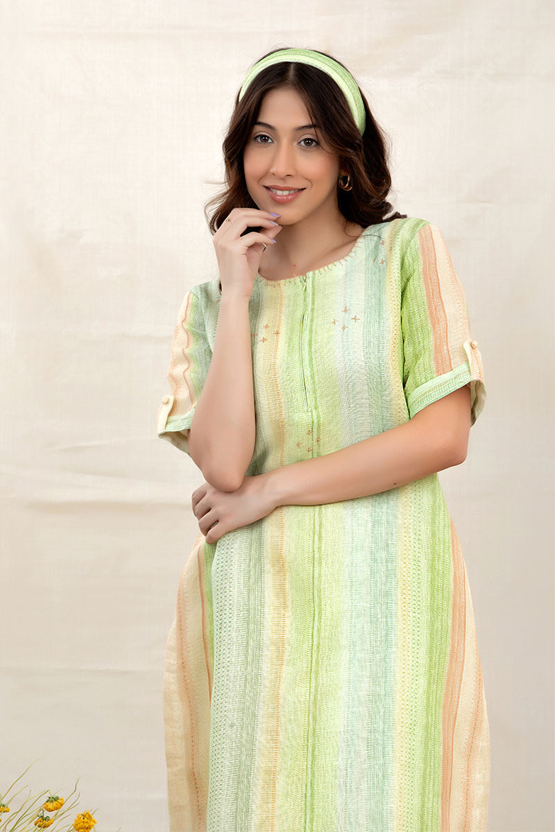 Liril Green Striped Embroidered Linen Co-Ord Kurta Set