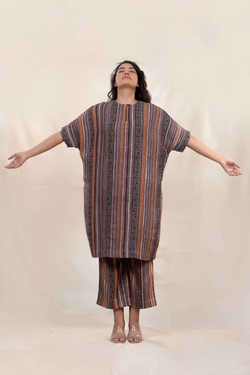 Charcoal Grey Striped Linen Kaftaan Set