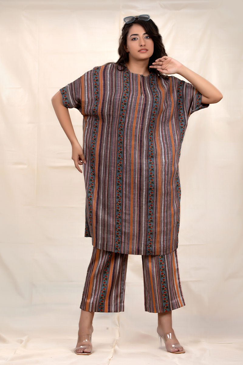 Charcoal Grey Striped Linen Kaftaan Set