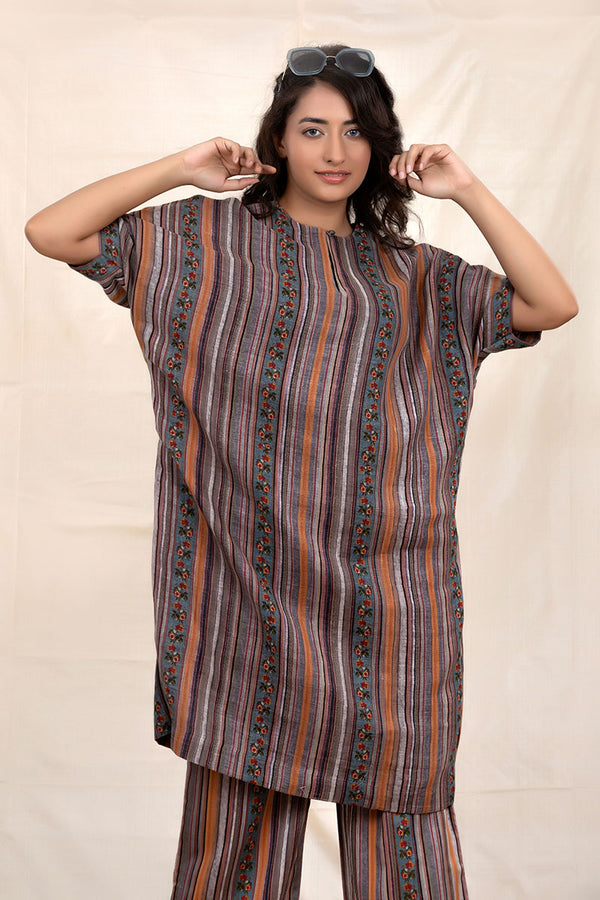 Charcoal Grey Striped Linen Kaftaan Set - Chinaya Banaras