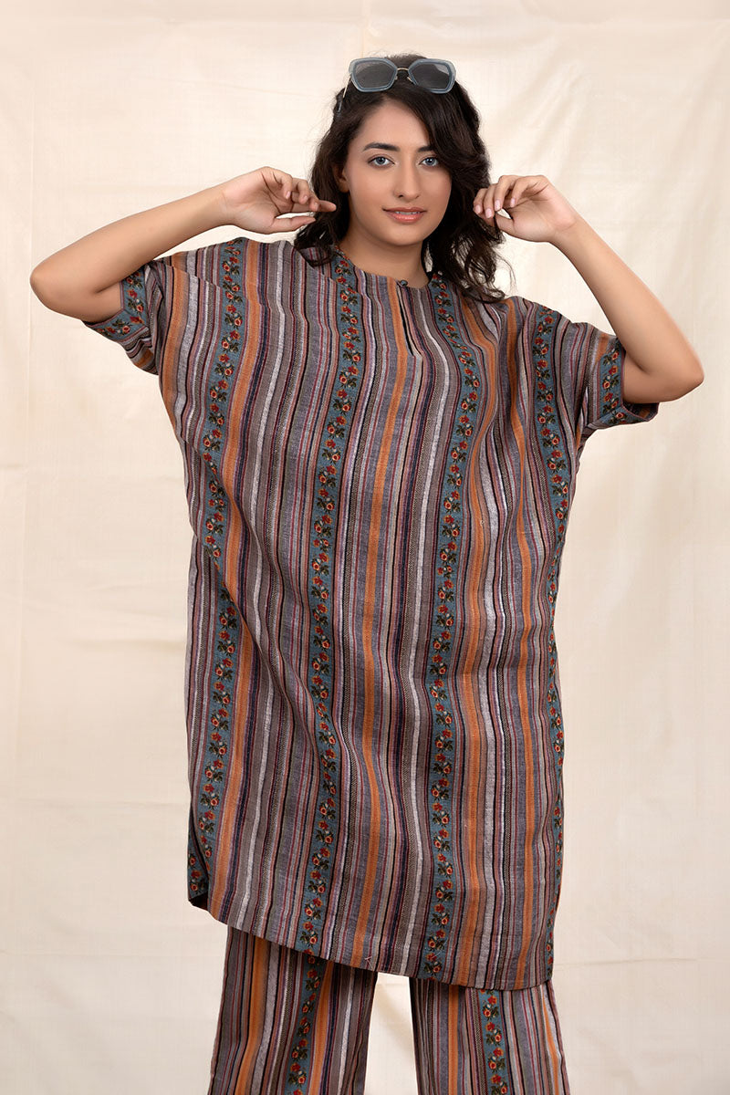 Charcoal Grey Striped Linen Kaftaan Set