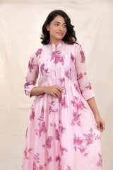 Blush Pink Floral Printed Embellished Mulmul Cotton Kurta Set - Chinaya Banaras