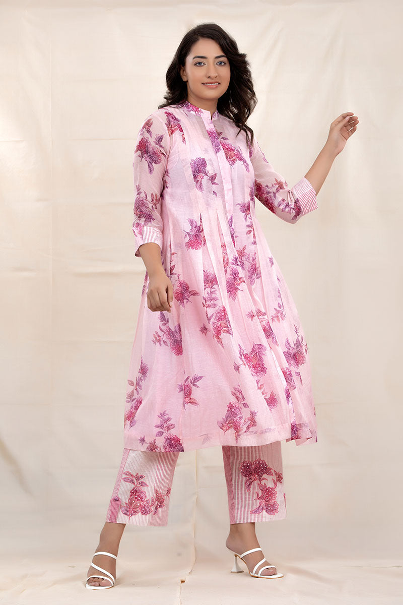 Blush Pink Floral Printed Embellished Mulmul Cotton Kurta Set - Chinaya Banaras