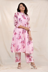 Blush Pink Floral Printed Embellished Mulmul Cotton Kurta Set