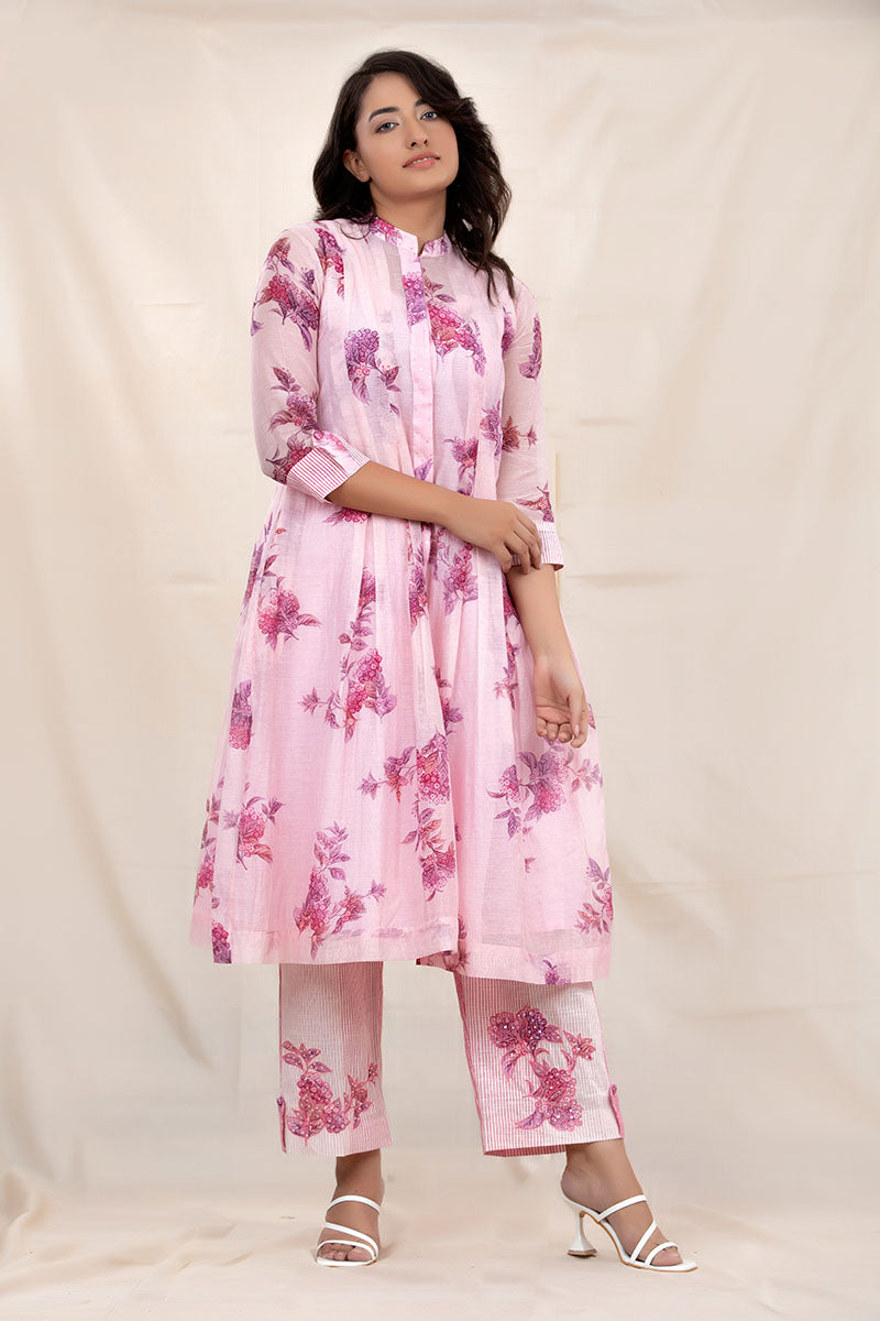 Blush Pink Floral Printed Embellished Mulmul Cotton Kurta Set - Chinaya Banaras