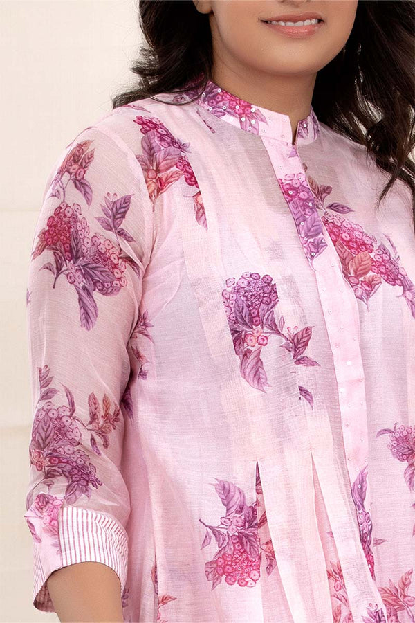 Blush Pink Floral Printed Embellished Mulmul Cotton Kurta Set - Chinaya Banaras