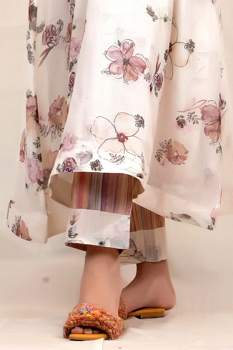Cotton White Floral Printed Embellished Mulmul Kurta Set