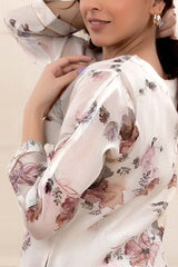 Cotton White Floral Printed Embellished Mulmul Kurta Set