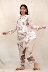 Cotton White Floral Printed Embellished Mulmul Kurta Set - Chinaya Banaras