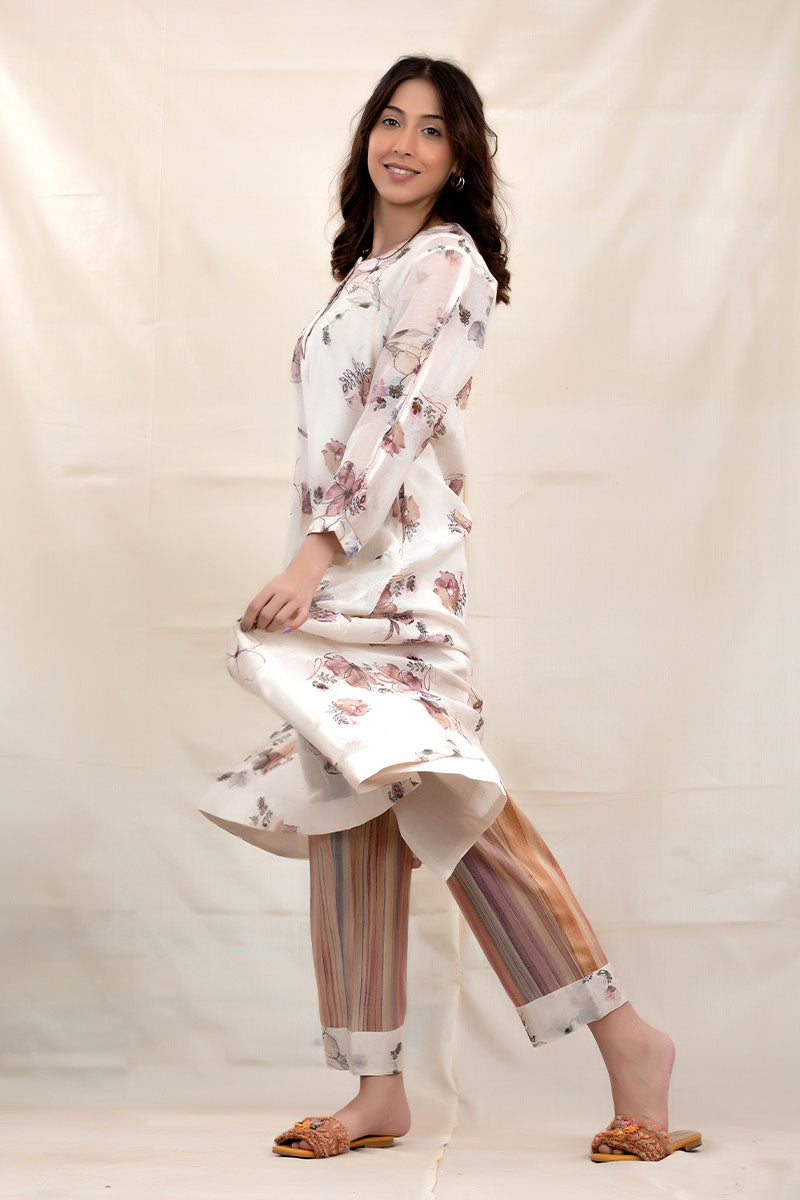 Cotton White Floral Printed Embellished Mulmul Kurta Set