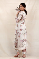 Cotton White Floral Printed Embellished Mulmul Kurta Set