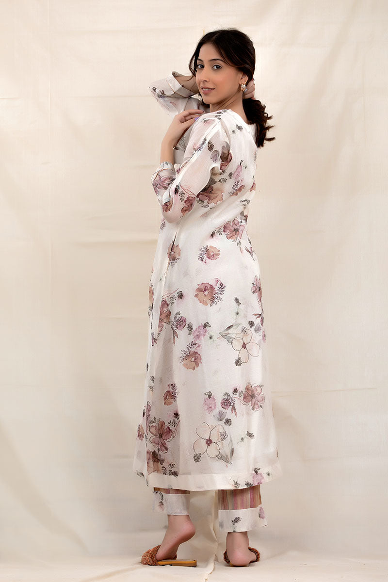 Cotton White Floral Printed Embellished Mulmul Kurta Set