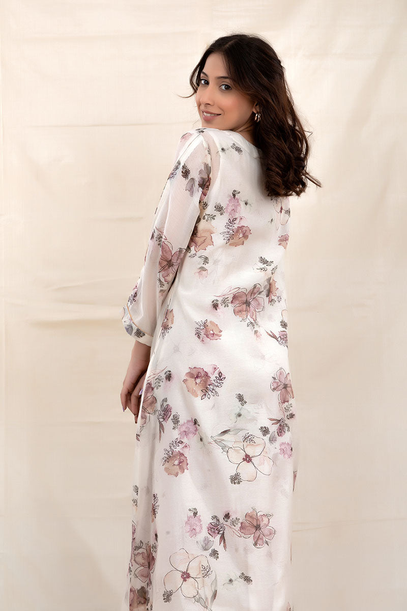 Cotton White Floral Printed Embellished Mulmul Kurta Set