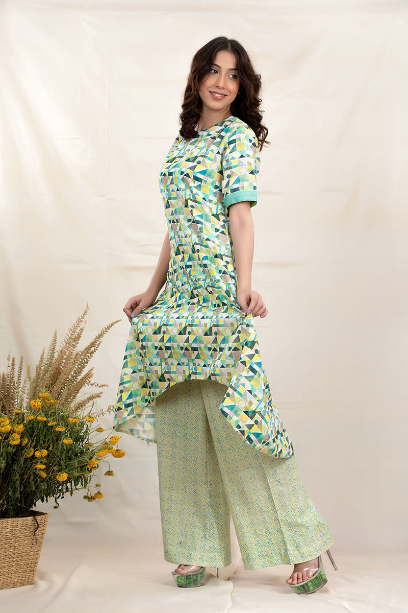 Spring Green Geometrical Printed Cotton Kurta Set - Chinaya Banaras