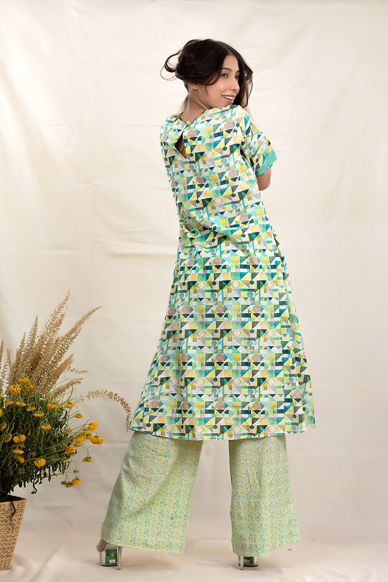 Spring Green Geometrical Printed Cotton Kurta Set - Chinaya Banaras