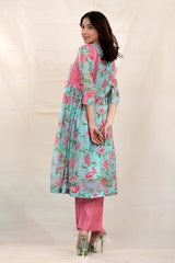 Sky Blue Floral Printed Modal Cotton Kurta Set - Chinaya Banaras