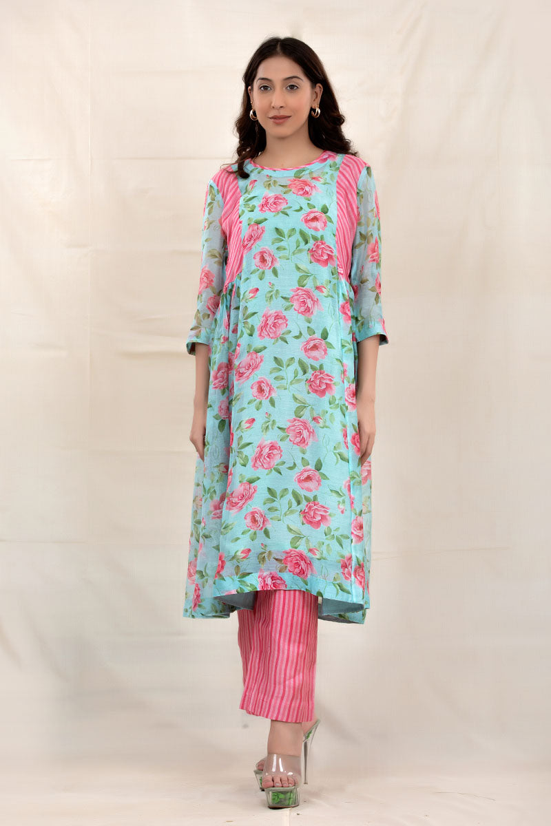 Women In Sky Blue Floral Printed Modal Cotton Kurta Set At Chinaya Banaras 