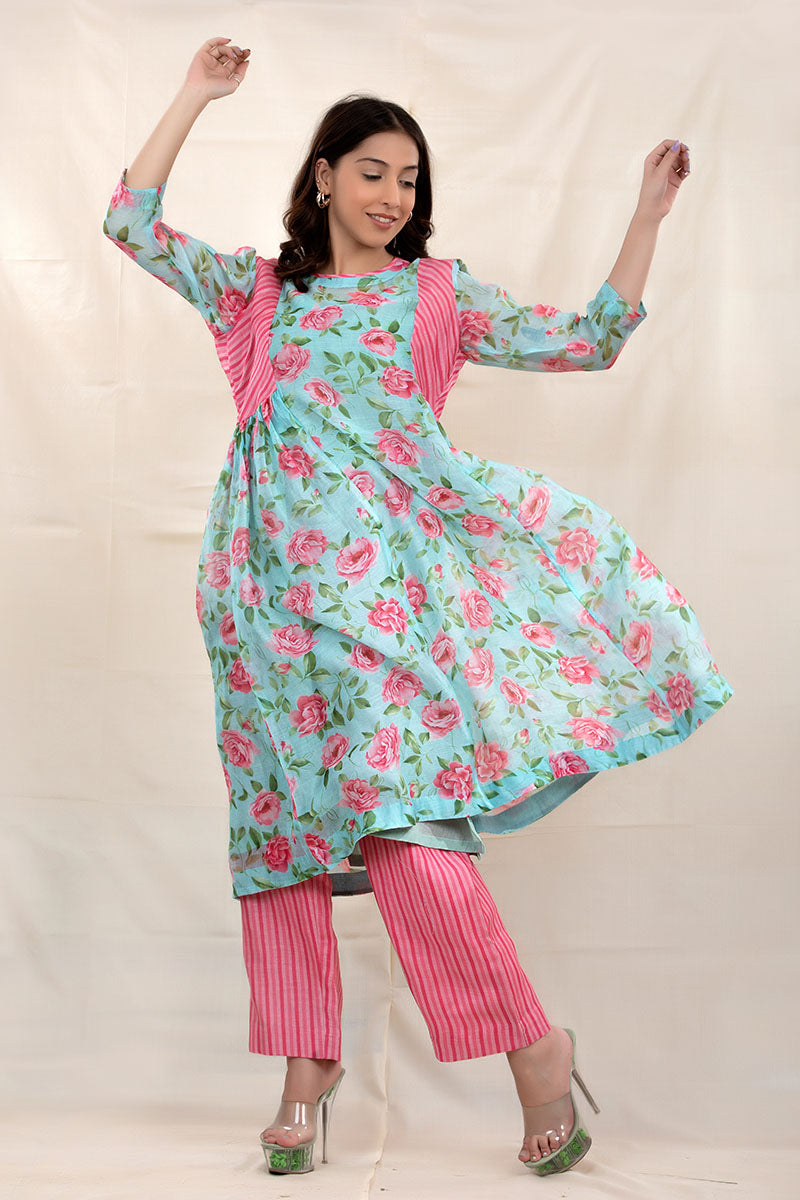 Sky Blue Floral Printed Modal Cotton Kurta Set