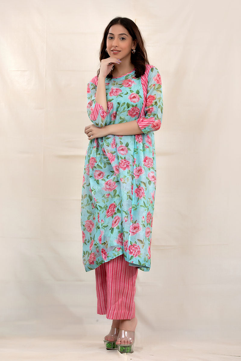 Sky Blue Floral Printed Modal Cotton Kurta Set - Chinaya Banaras