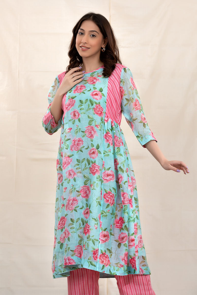 Sky Blue Floral Printed Modal Cotton Kurta Set - Chinaya Banaras