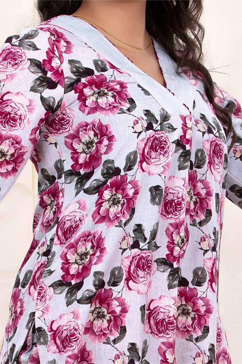 Lilac Floral Printed Cotton Co-Ord Kurta Set
