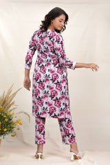 Lilac Floral Printed Cotton Co-Ord Kurta Set - Chinaya Banaras