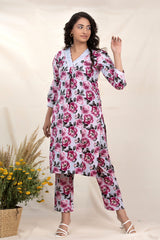 Women in Lilac Floral Printed Cotton Co-Ord Kurta Set at Chinaya Banaras