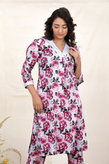 Lilac Floral Printed Cotton Co-Ord Kurta Set