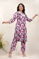 Lilac Floral Printed Cotton Co-Ord Kurta Set