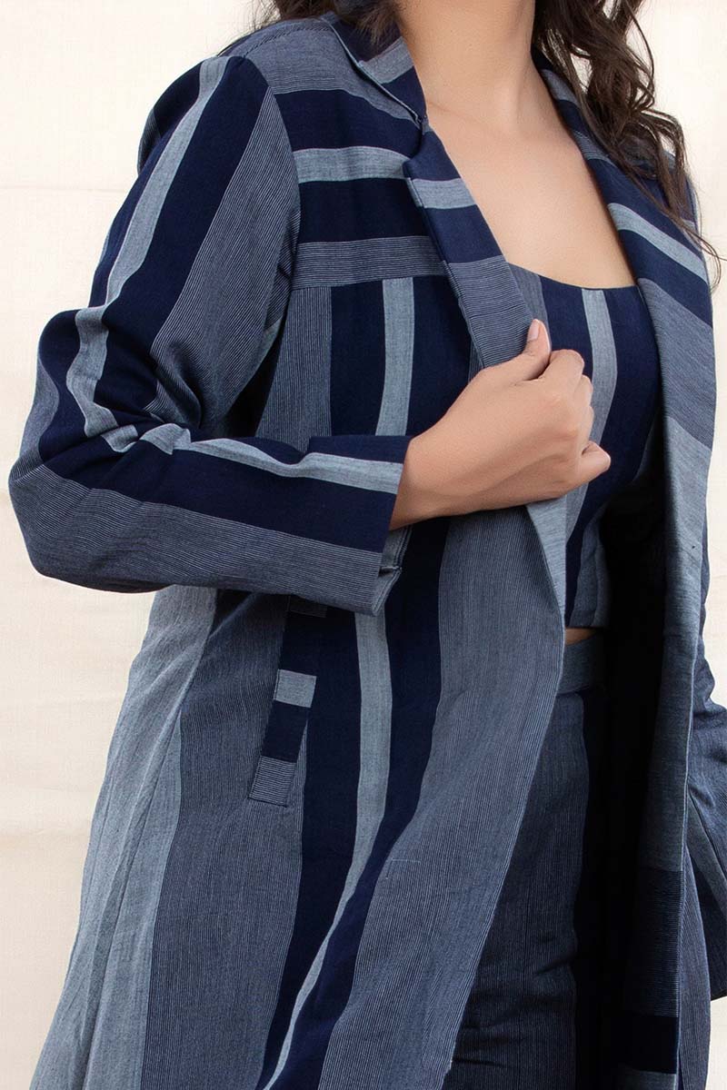 Navy Blue Striped Woven Cotton Co-Ord Set With Shrug Overcoat - Chinaya Banaras