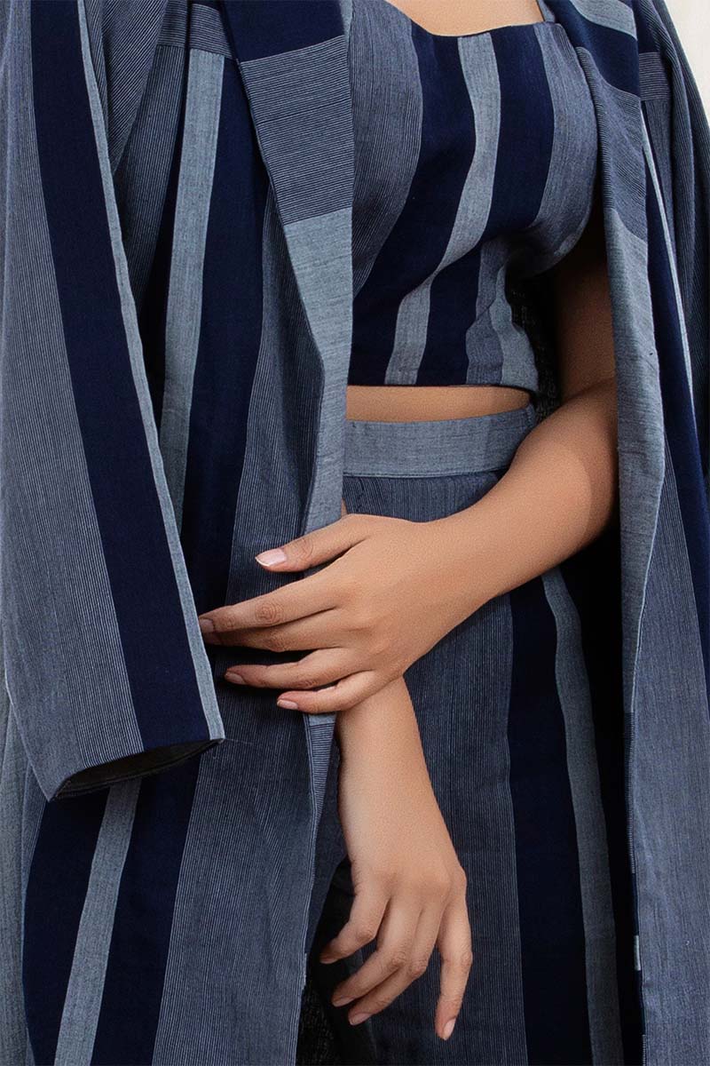 Navy Blue Striped Woven Cotton Co-Ord Set With Shrug Overcoat - Chinaya Banaras