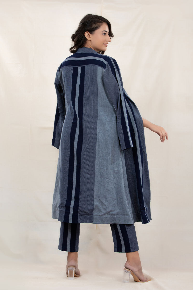 Navy Blue Striped Woven Cotton Co-Ord Set With Shrug Overcoat - Chinaya Banaras