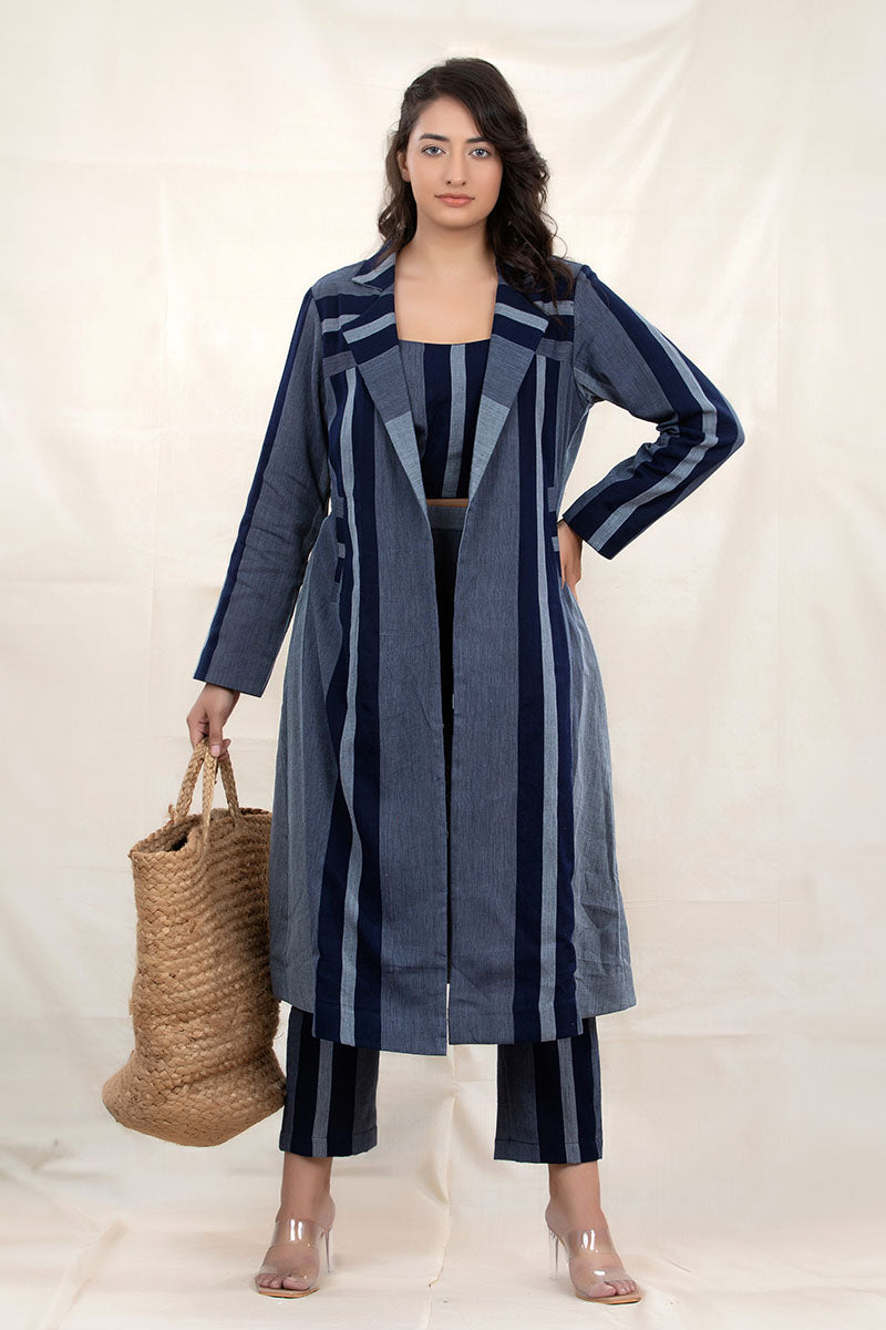 Navy Blue Striped Woven Cotton Co-Ord Set With Shrug Overcoat