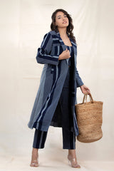 Navy Blue Striped Woven Cotton Co-Ord Set With Shrug Overcoat - Chinaya Banaras