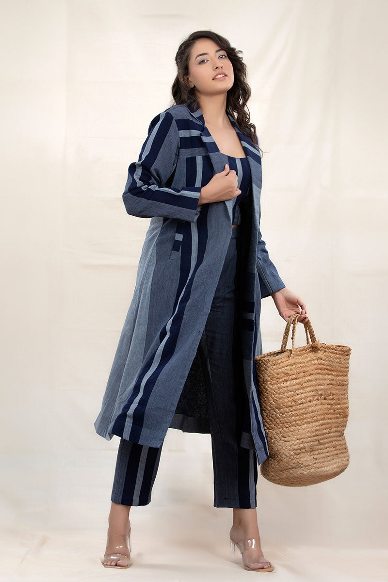 Navy Blue Striped Woven Cotton Co-Ord Set With Shrug Overcoat