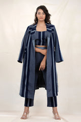 Navy Blue Striped Woven Cotton Co-Ord Set With Shrug Overcoat - Chinaya Banaras