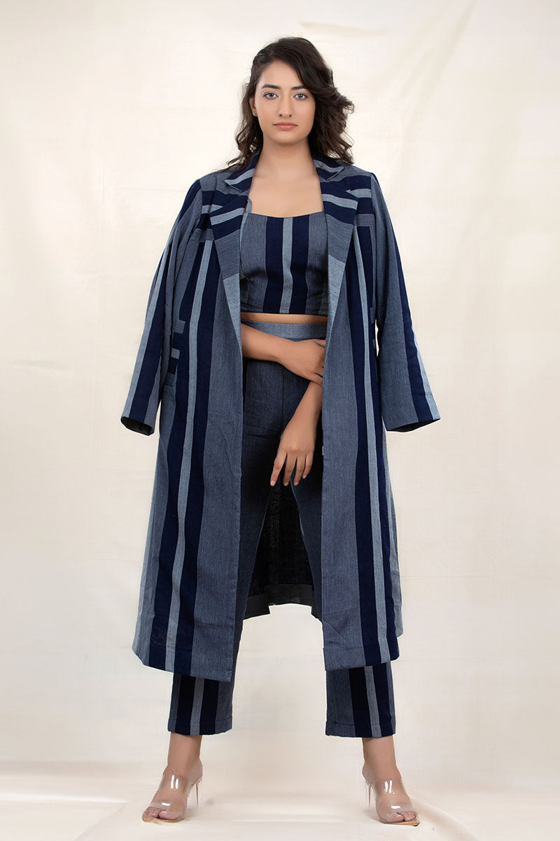 Navy Blue Striped Woven Cotton Co-Ord Set With Shrug Overcoat - Chinaya Banaras