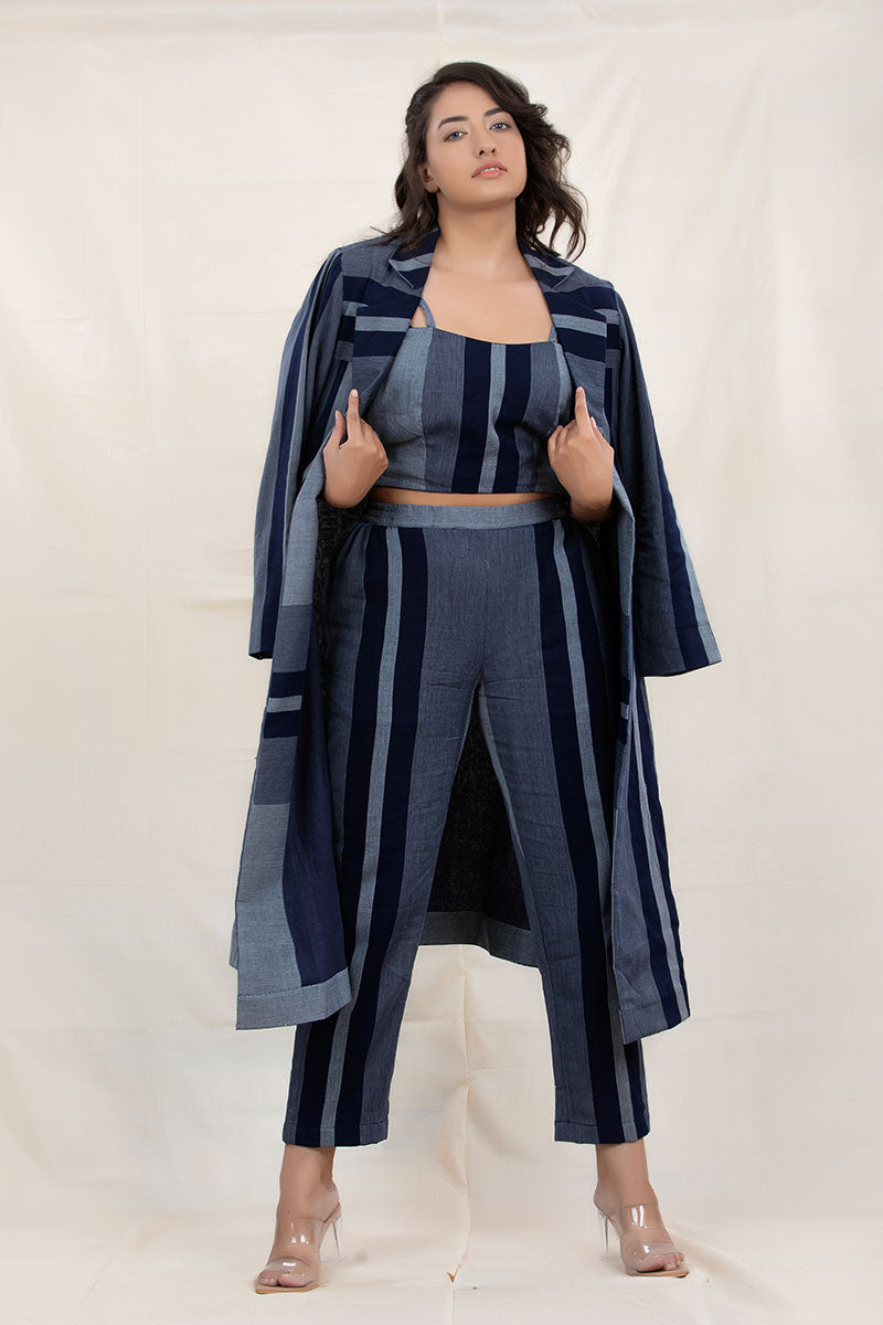 Navy Blue Striped Woven Cotton Co-Ord Set With Shrug Overcoat
