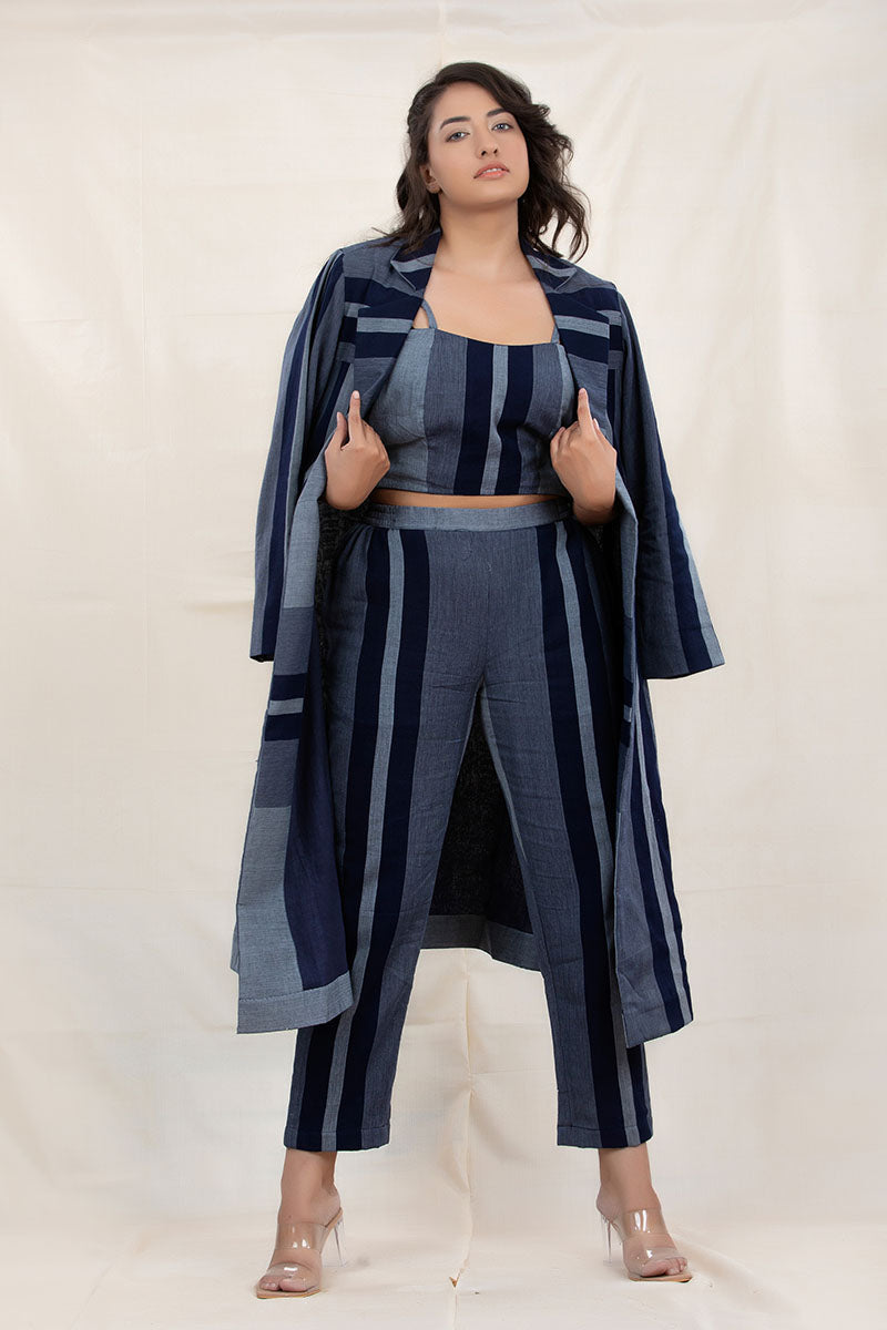 Navy Blue Striped Woven Cotton Co-Ord Set With Shrug Overcoat - Chinaya Banaras