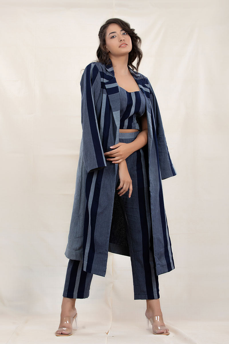 Women In Navy Blue Striped Woven Cotton Co-Ord Set With Shrug Overcoat at Chinaya Banaras 