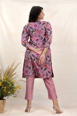 Mauve Pink Floral Digital Printed Chanderi Silk Kurta Set - Chinaya Banaras