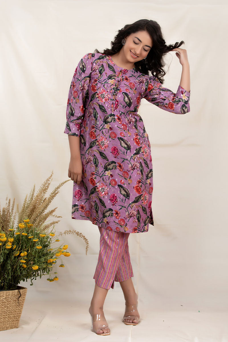 Mauve Pink Floral Digital Printed Chanderi Silk Kurta Set - Chinaya Banaras