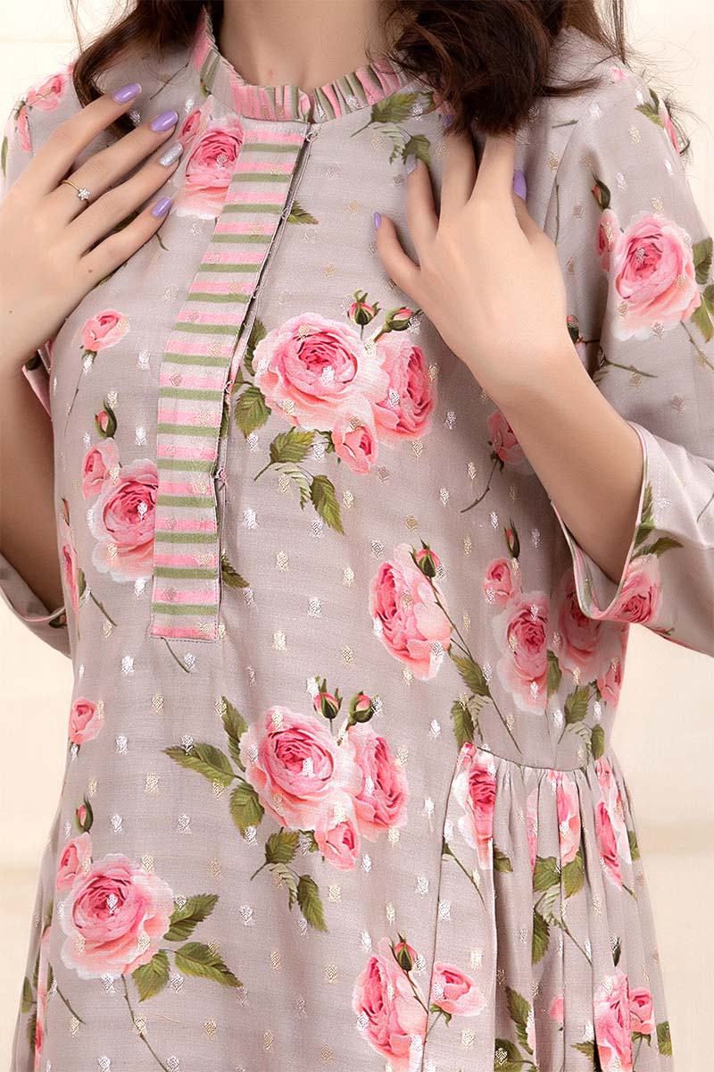 Pastel Grey Floral Printed Chanderi Silk Kurta Set